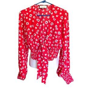 Alexis Floral Cropped Long Sleeve Blouse Top M Smocked Red Bohemian Officesiren